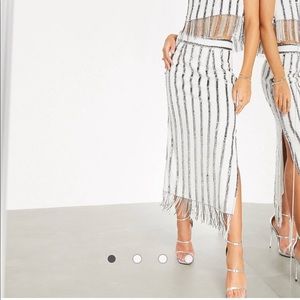 ASOS Edition Fringed Beaded Skirt // White/Silver // US 6